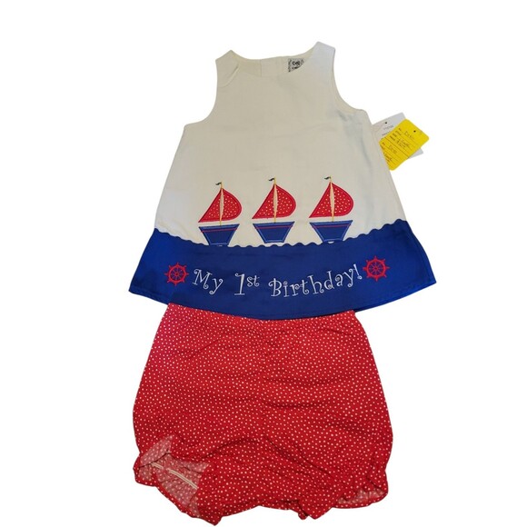 NWT Girls 12 Months Custom Embroidered 1st Birthday Outfit Sail Anchor Summer - Picture 1 of 6